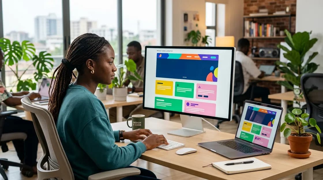 A Boldrise Marketing web designer reviewing a website layout across a monitor and laptop