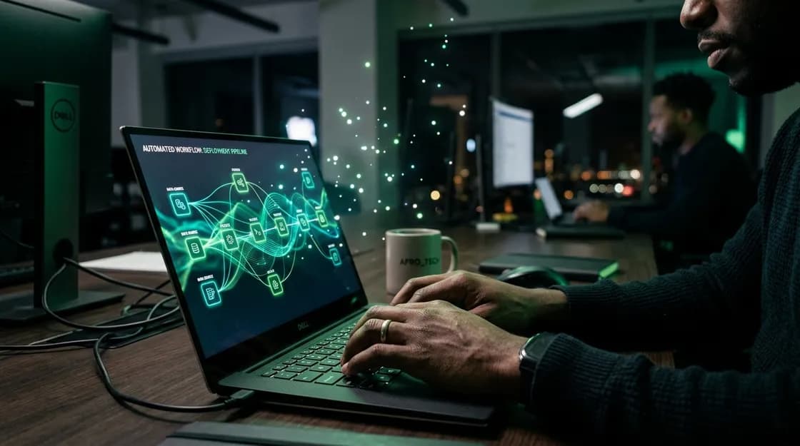 A Boldrise Marketing specialist building an automated workflow pipeline on a laptop