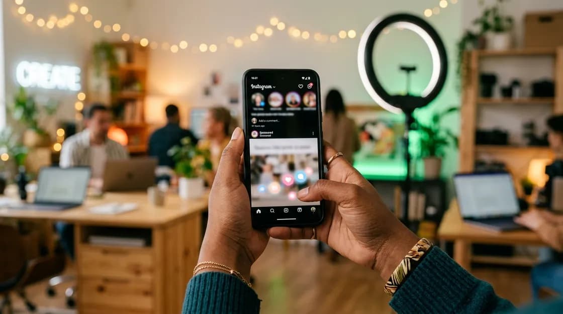 Hands holding a smartphone reviewing an Instagram ad post in a creative studio
